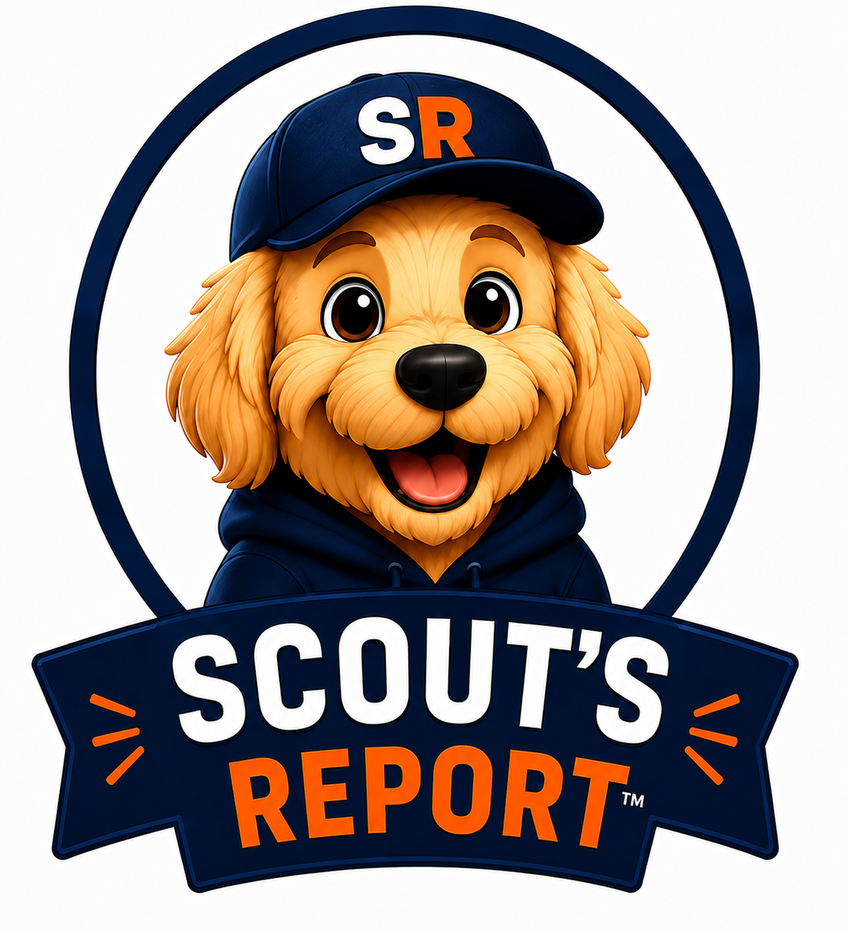 Scout, the Scout's Report mascot — a golden retriever in a navy hoodie and SR cap